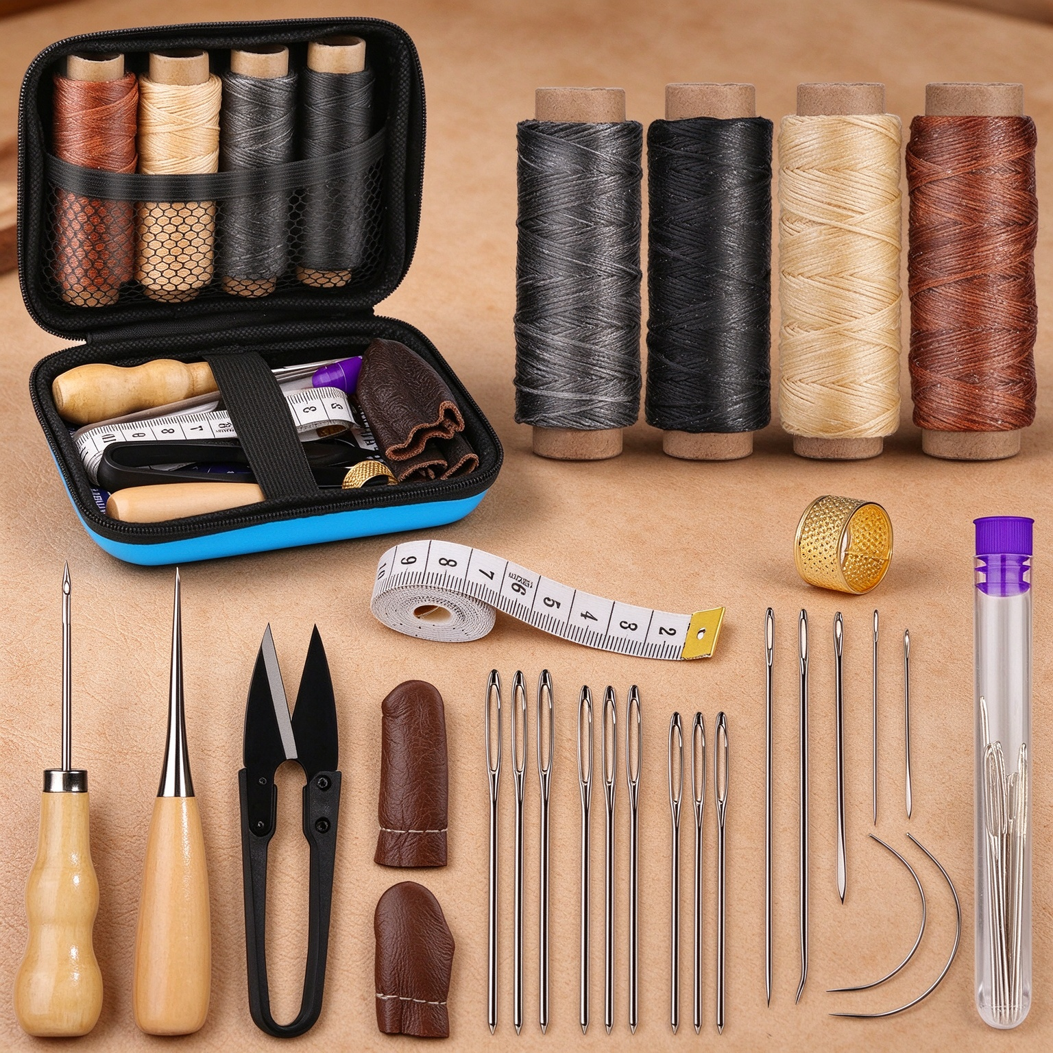 9 Leather Repair Kit with Waxed Thread and Needles - Image 1